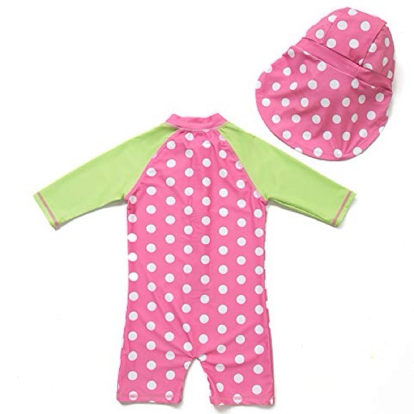 Charming Pink and Green Polka Dot Kids Swim One Piece - Picture 2 of 6
